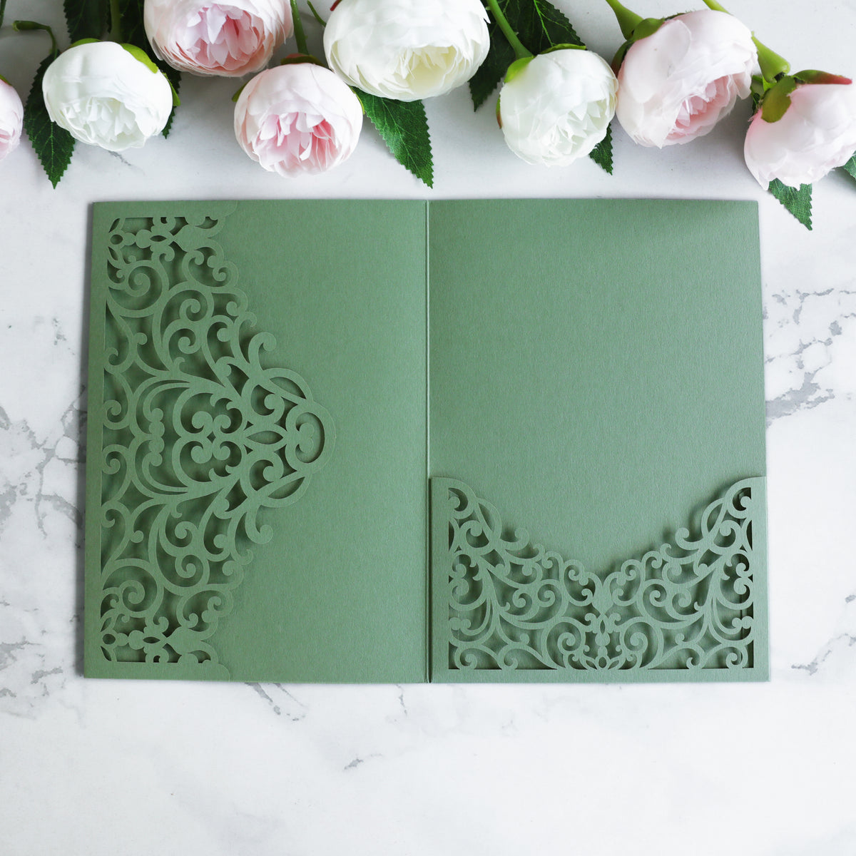 PONATIA  20PCS Sage Green Laser Cut Wedding Invitations Pockets