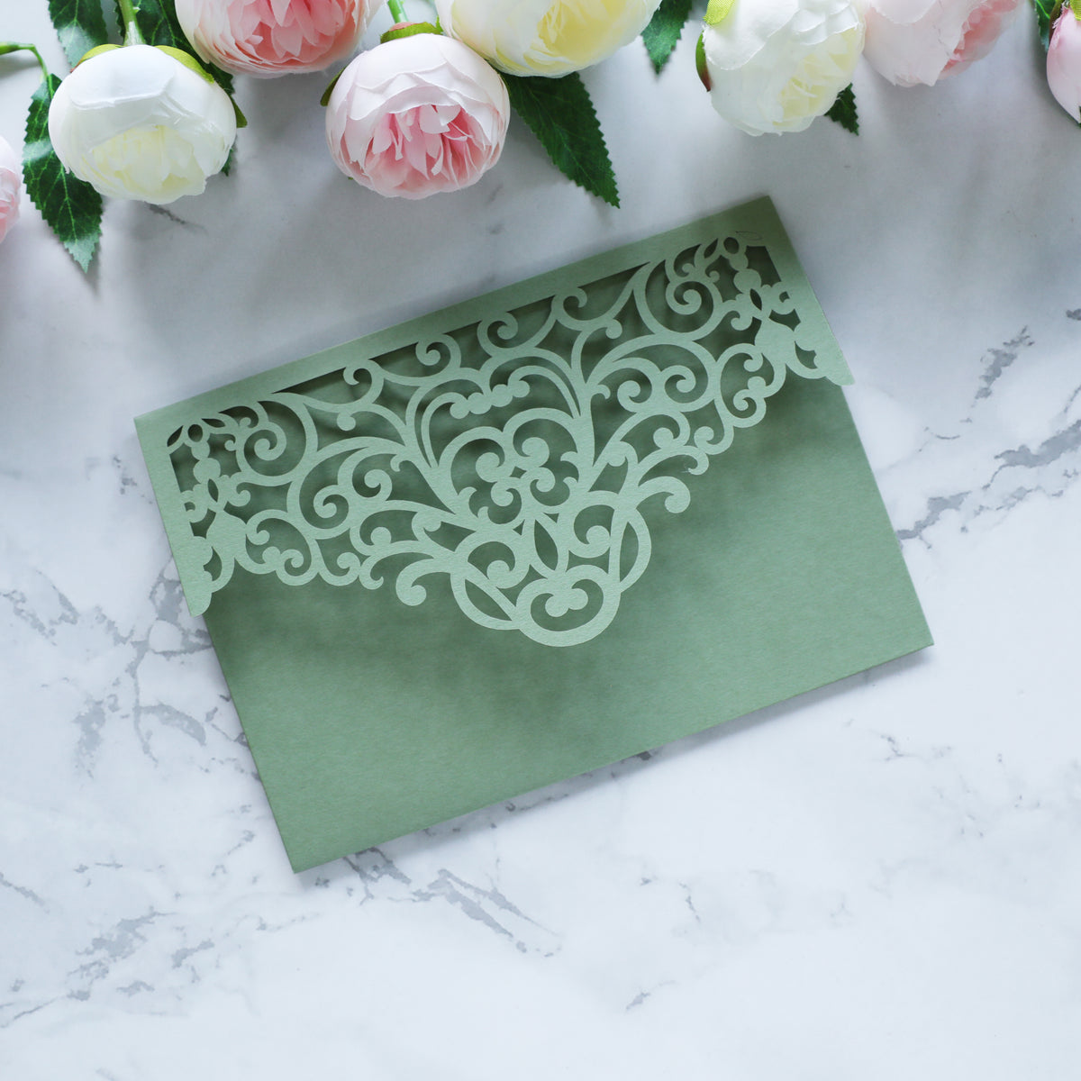 PONATIA  20PCS Sage Green Laser Cut Wedding Invitations Pockets