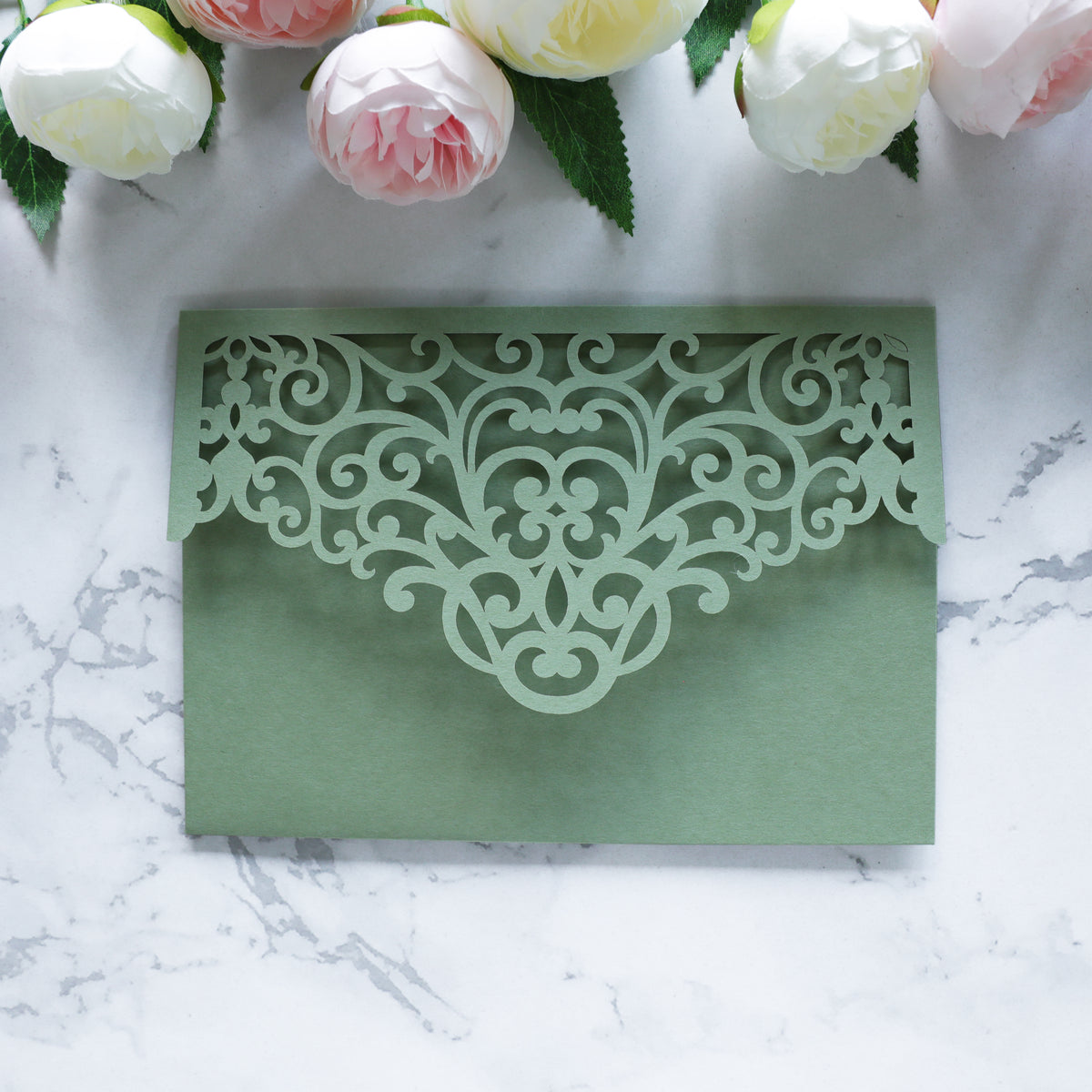 PONATIA  20PCS Sage Green Laser Cut Wedding Invitations Pockets