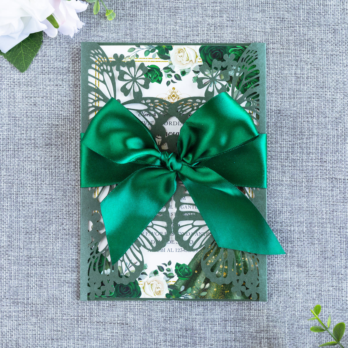 PONATIA Emerald Green Butterfly Quinceanera Invitation, Laser Cut Wedding Invitation Cards with Envelopes