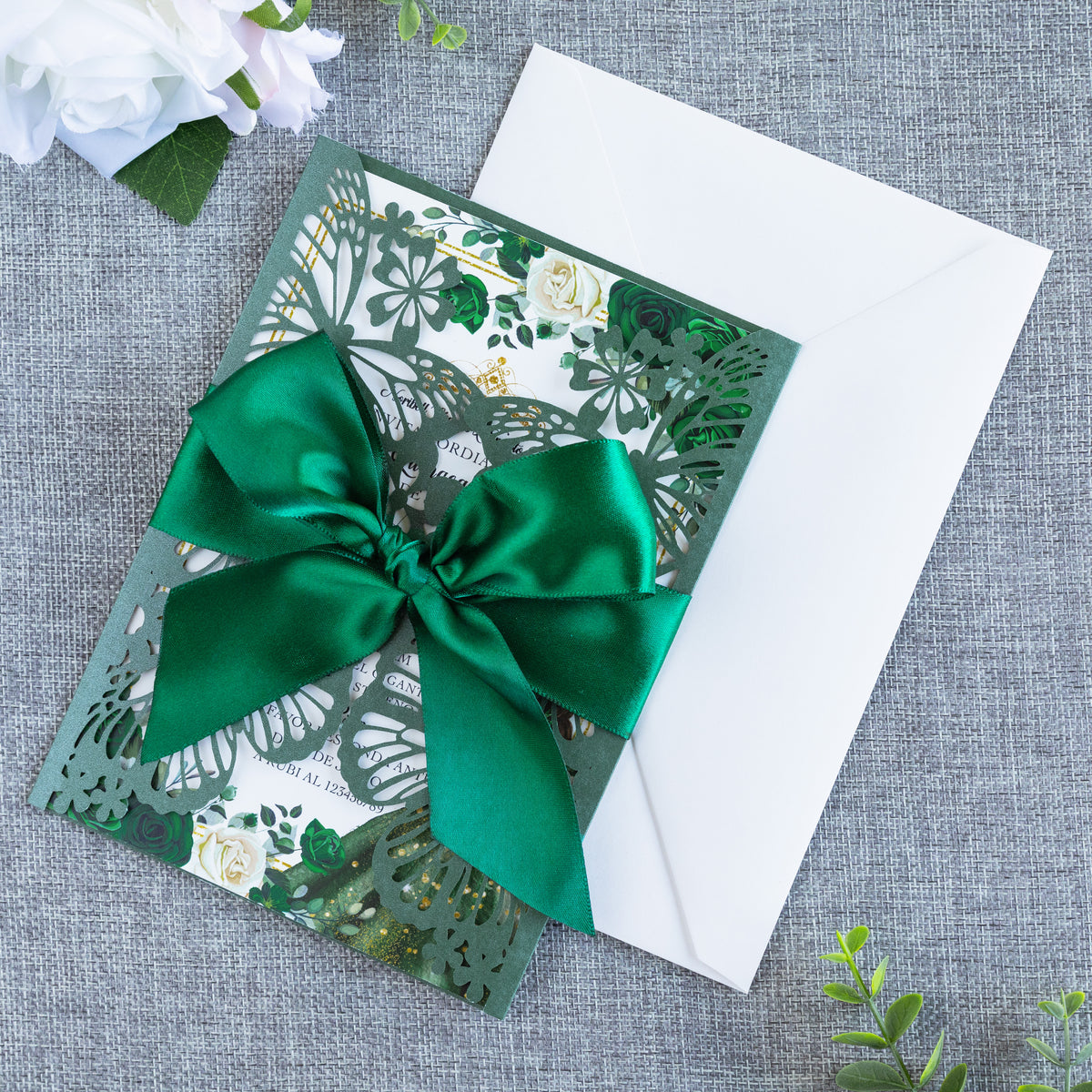 PONATIA Emerald Green Butterfly Quinceanera Invitation, Laser Cut Wedding Invitation Cards with Envelopes