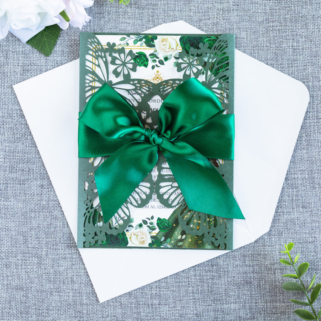 PONATIA Emerald Green Butterfly Quinceanera Invitation, Laser Cut Wedding Invitation Cards with Envelopes