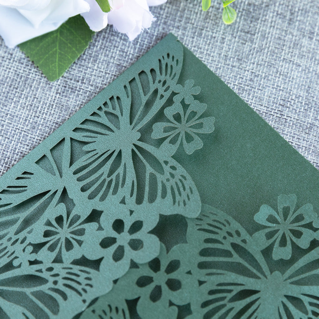 PONATIA Emerald Green Butterfly Quinceanera Invitation, Laser Cut Wedding Invitation Cards with Envelopes