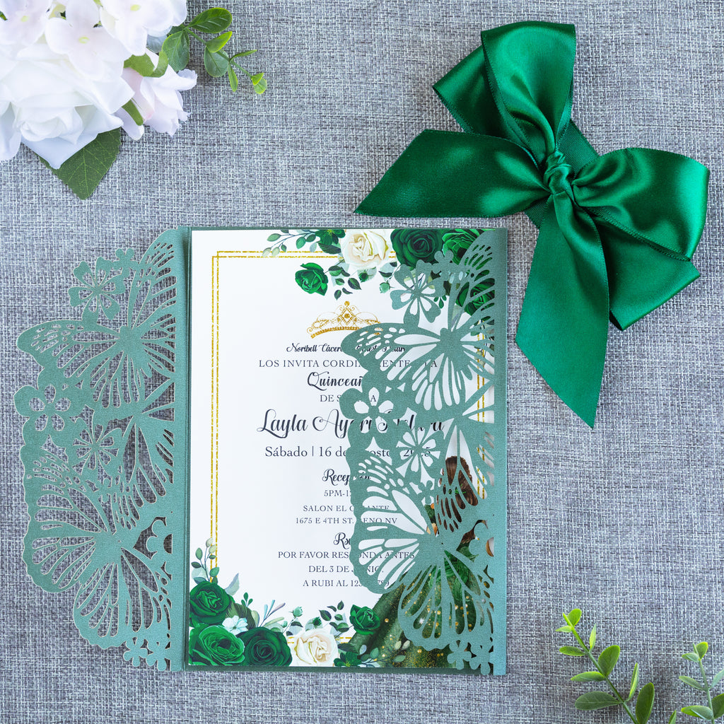 PONATIA Emerald Green Butterfly Quinceanera Invitation, Laser Cut Wedding Invitation Cards with Envelopes
