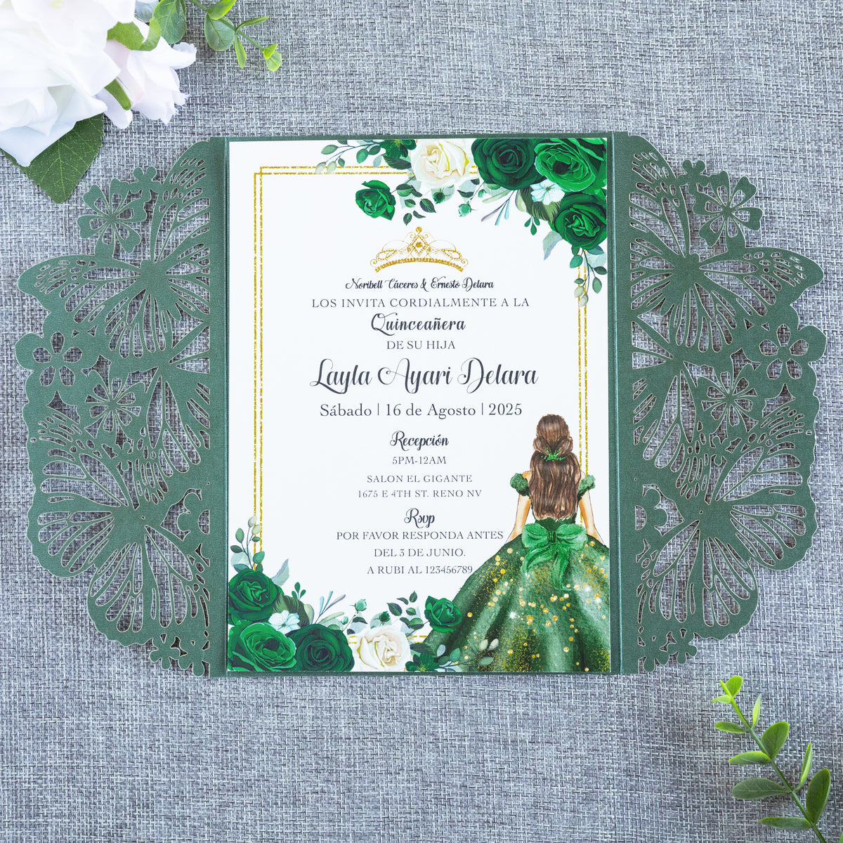 PONATIA Emerald Green Butterfly Quinceanera Invitation, Laser Cut Wedding Invitation Cards with Envelopes