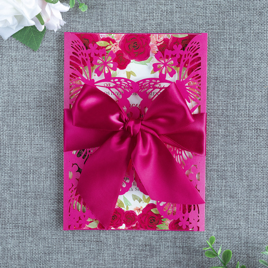PONATIA Fuchsia Butterfly Quinceanera Invitation, Laser Cut Wedding Invitation Cards with Envelopes