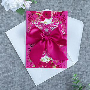PONATIA Fuchsia Butterfly Quinceanera Invitation, Laser Cut Wedding Invitation Cards with Envelopes