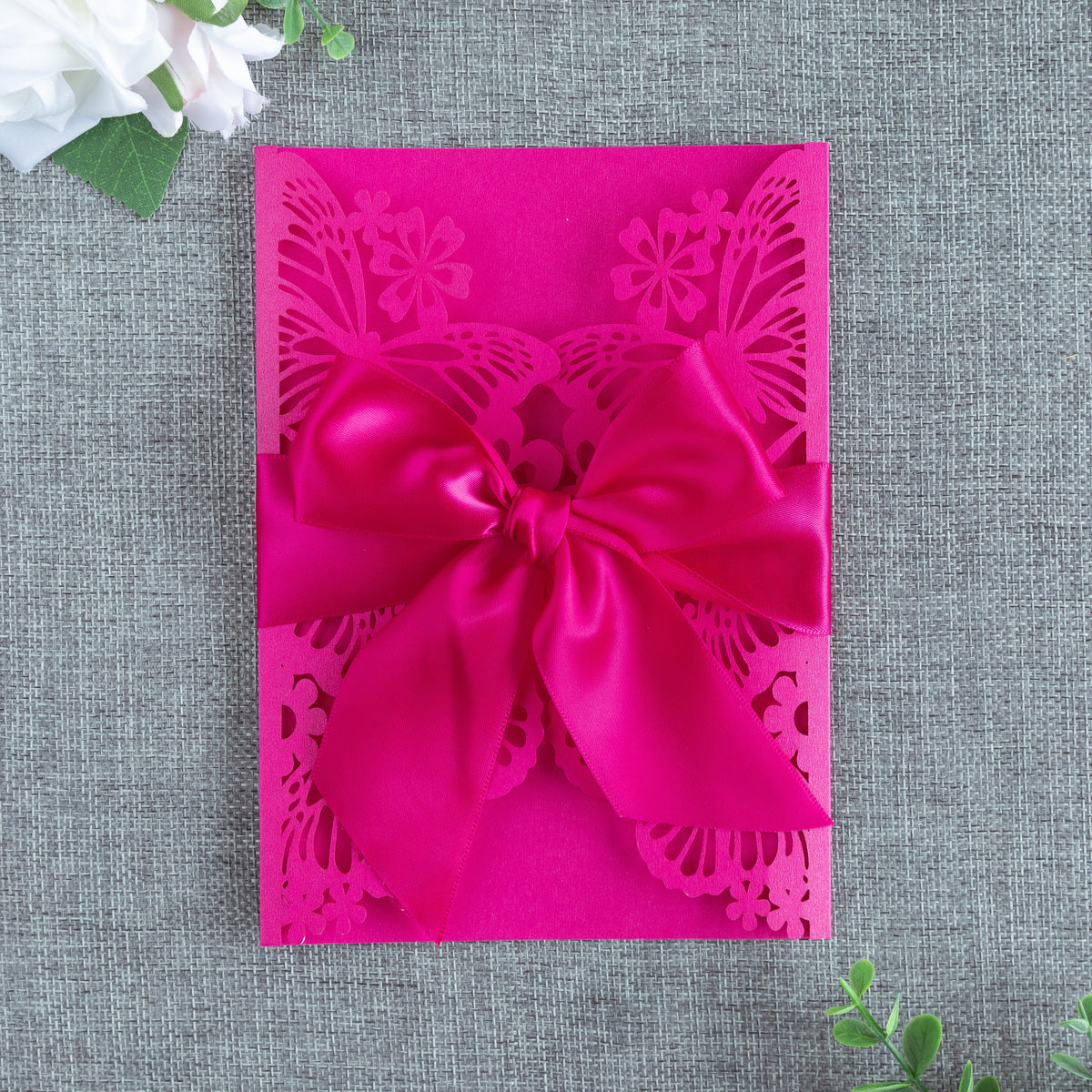 PONATIA Fuchsia Butterfly Quinceanera Invitation, Laser Cut Wedding Invitation Cards with Envelopes
