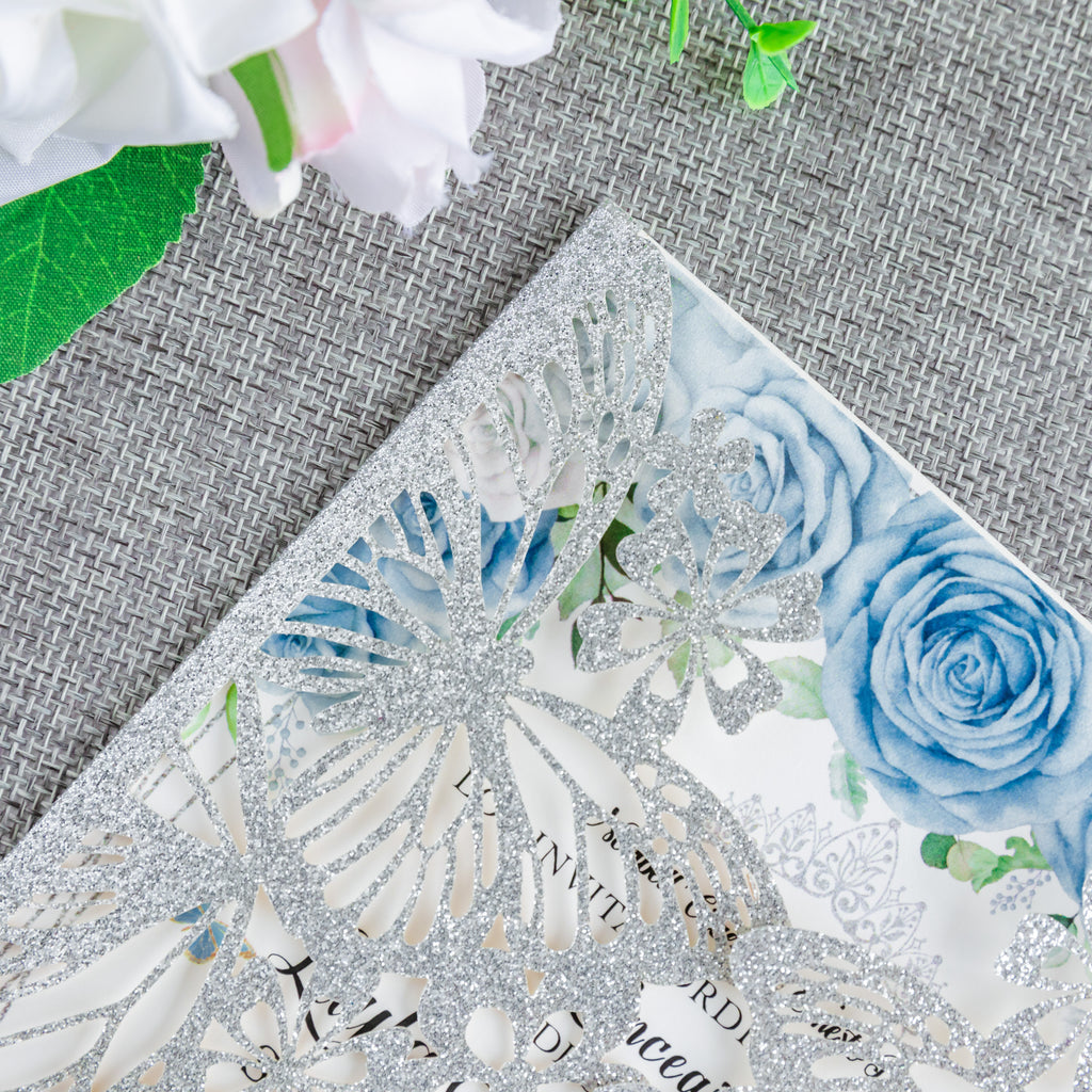 PONATIA Sliver Glitter Butterfly Quinceanera Invitation, Laser Cut Wedding Invitation Cards with Envelopes