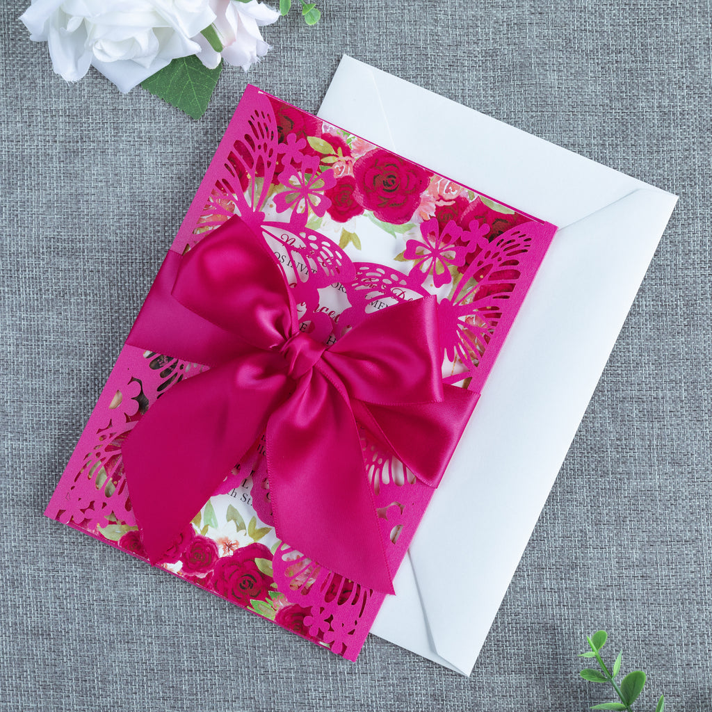 PONATIA Fuchsia Butterfly Quinceanera Invitation, Laser Cut Wedding Invitation Cards with Envelopes