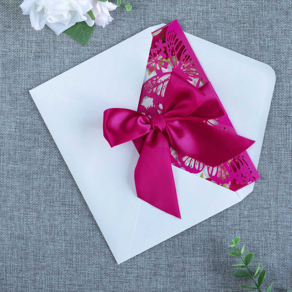PONATIA Fuchsia Butterfly Quinceanera Invitation, Laser Cut Wedding Invitation Cards with Envelopes