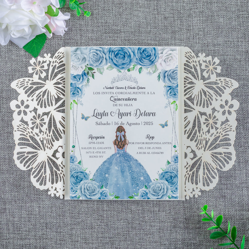 PONATIA Sliver Glitter Butterfly Quinceanera Invitation, Laser Cut Wedding Invitation Cards with Envelopes
