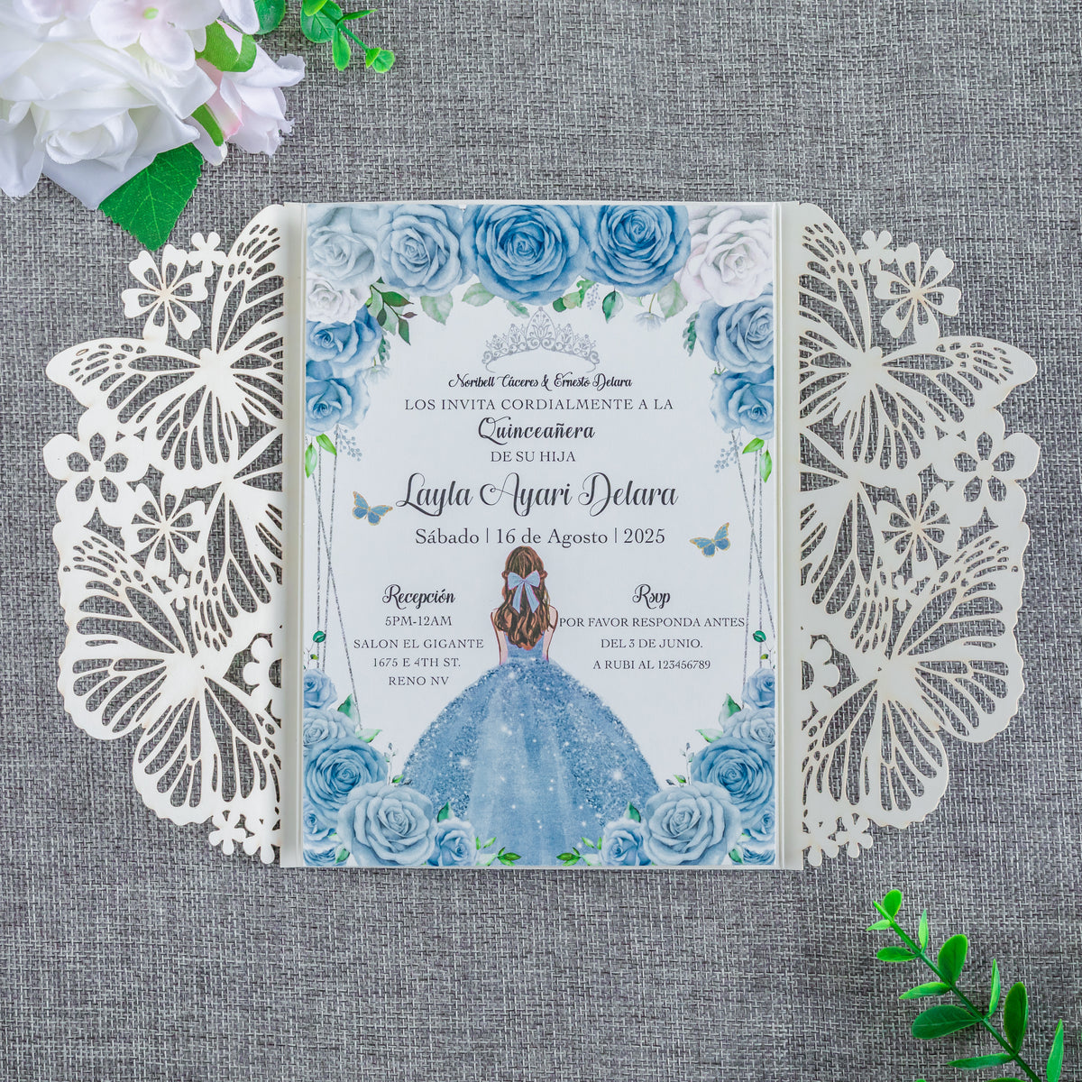 PONATIA Sliver Glitter Butterfly Quinceanera Invitation, Laser Cut Wedding Invitation Cards with Envelopes