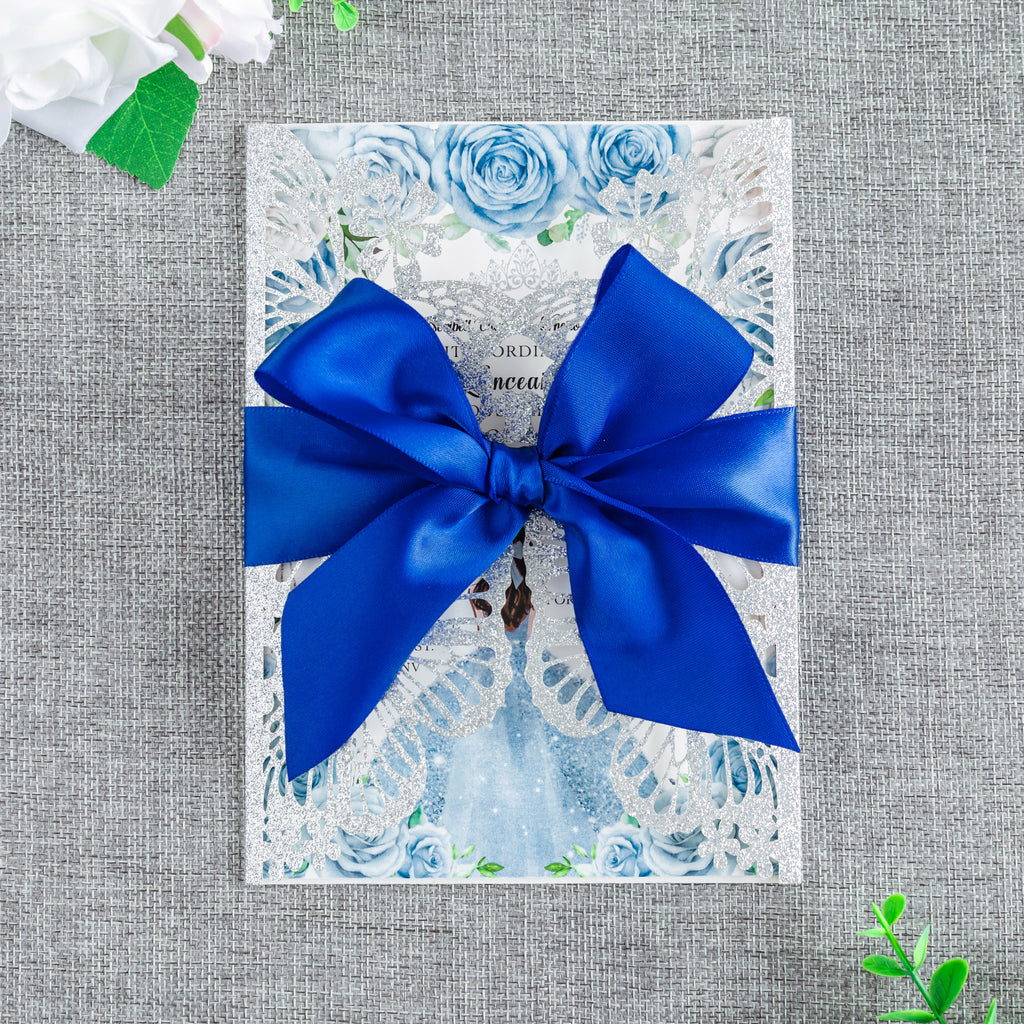 PONATIA Sliver Glitter Butterfly Quinceanera Invitation, Laser Cut Wedding Invitation Cards with Envelopes