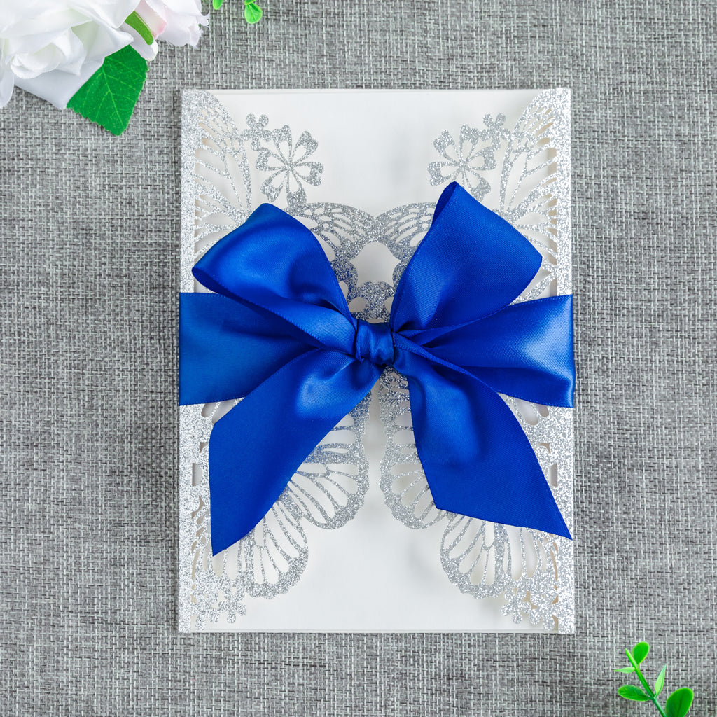 PONATIA Sliver Glitter Butterfly Quinceanera Invitation, Laser Cut Wedding Invitation Cards with Envelopes