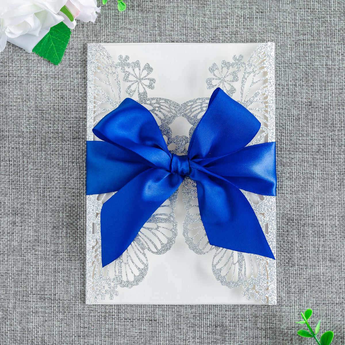 PONATIA Sliver Glitter Butterfly Quinceanera Invitation, Laser Cut Wedding Invitation Cards with Envelopes