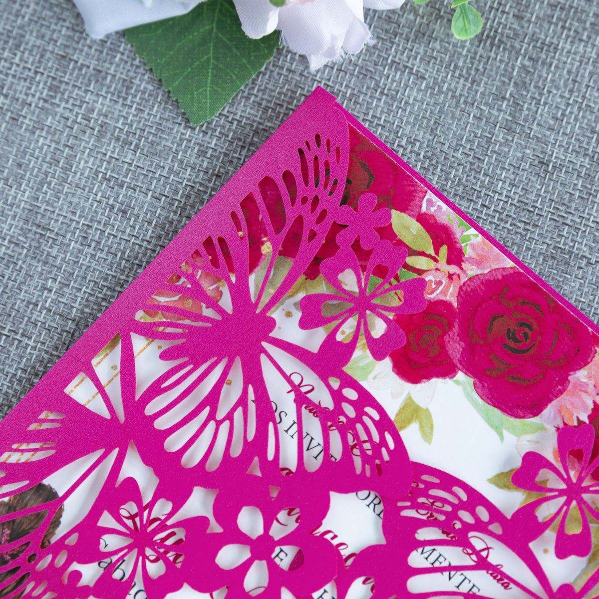 PONATIA Fuchsia Butterfly Quinceanera Invitation, Laser Cut Wedding Invitation Cards with Envelopes
