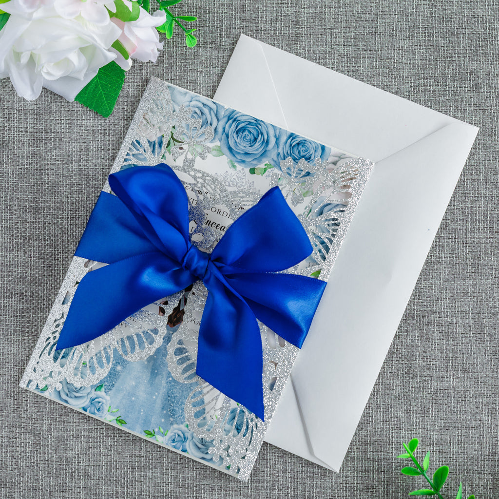 PONATIA Sliver Glitter Butterfly Quinceanera Invitation, Laser Cut Wedding Invitation Cards with Envelopes