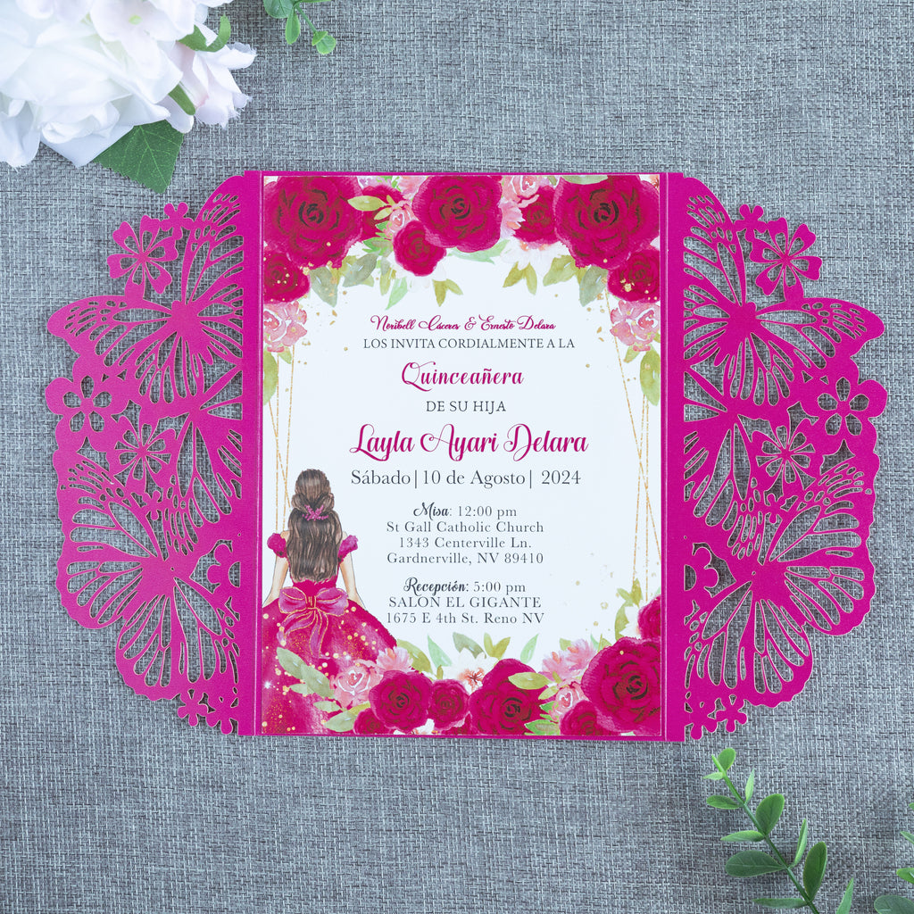 PONATIA Fuchsia Butterfly Quinceanera Invitation, Laser Cut Wedding Invitation Cards with Envelopes