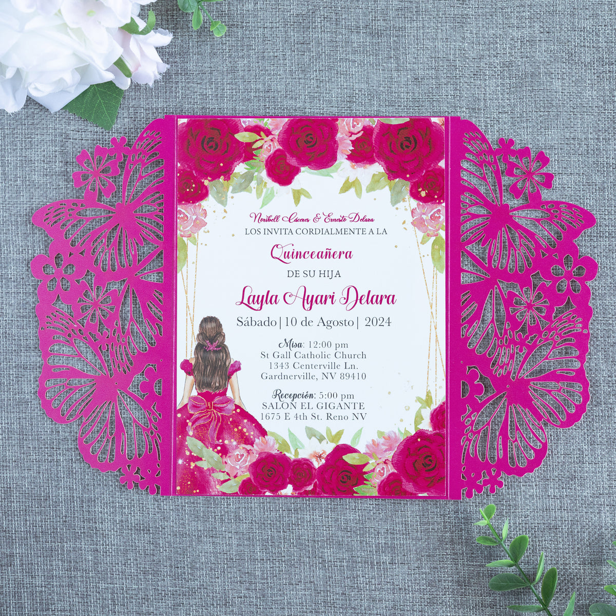 PONATIA Fuchsia Butterfly Quinceanera Invitation, Laser Cut Wedding Invitation Cards with Envelopes