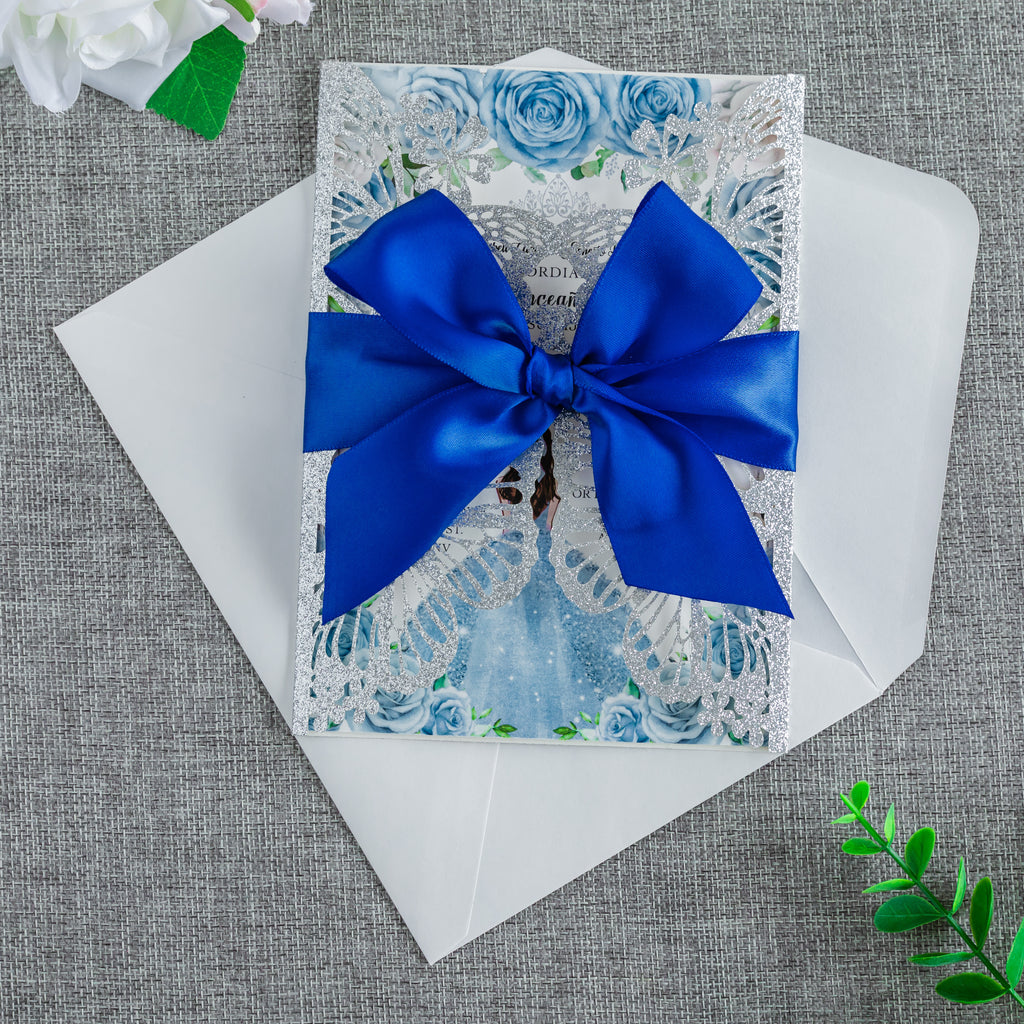 PONATIA Sliver Glitter Butterfly Quinceanera Invitation, Laser Cut Wedding Invitation Cards with Envelopes