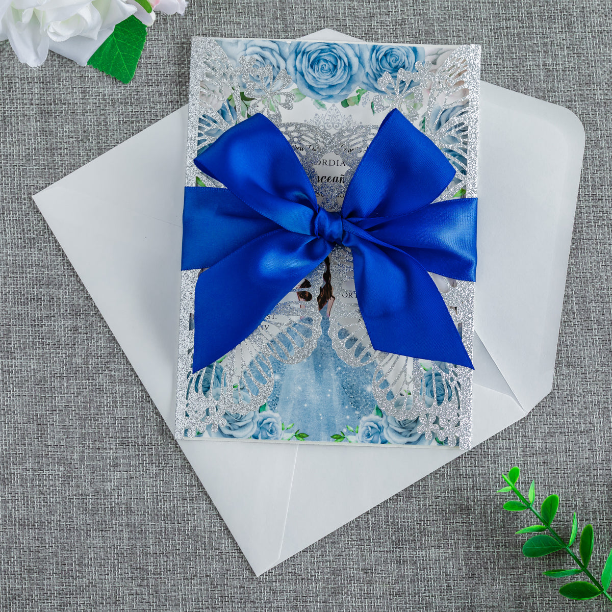 PONATIA Sliver Glitter Butterfly Quinceanera Invitation, Laser Cut Wedding Invitation Cards with Envelopes