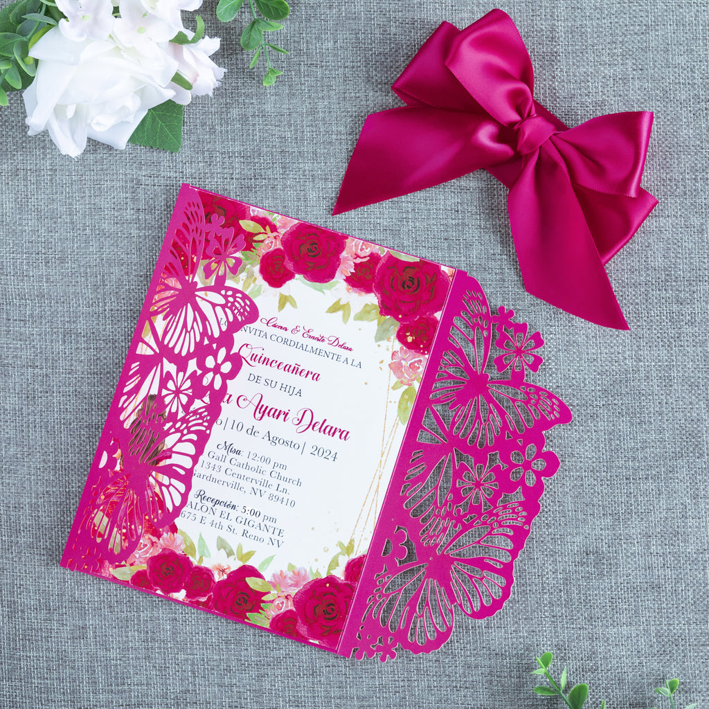 PONATIA Fuchsia Butterfly Quinceanera Invitation, Laser Cut Wedding Invitation Cards with Envelopes