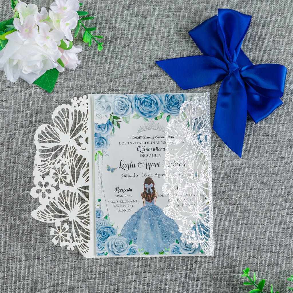 PONATIA Sliver Glitter Butterfly Quinceanera Invitation, Laser Cut Wedding Invitation Cards with Envelopes
