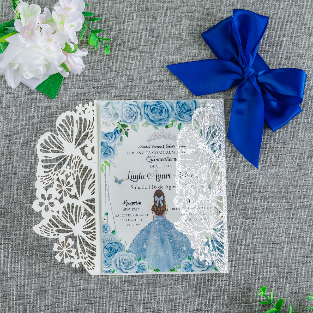 PONATIA Sliver Glitter Butterfly Quinceanera Invitation, Laser Cut Wedding Invitation Cards with Envelopes