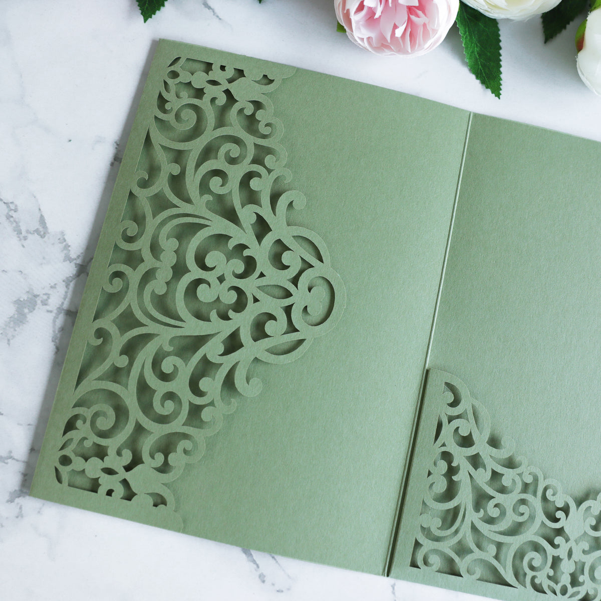 PONATIA  20PCS Sage Green Laser Cut Wedding Invitations Pockets