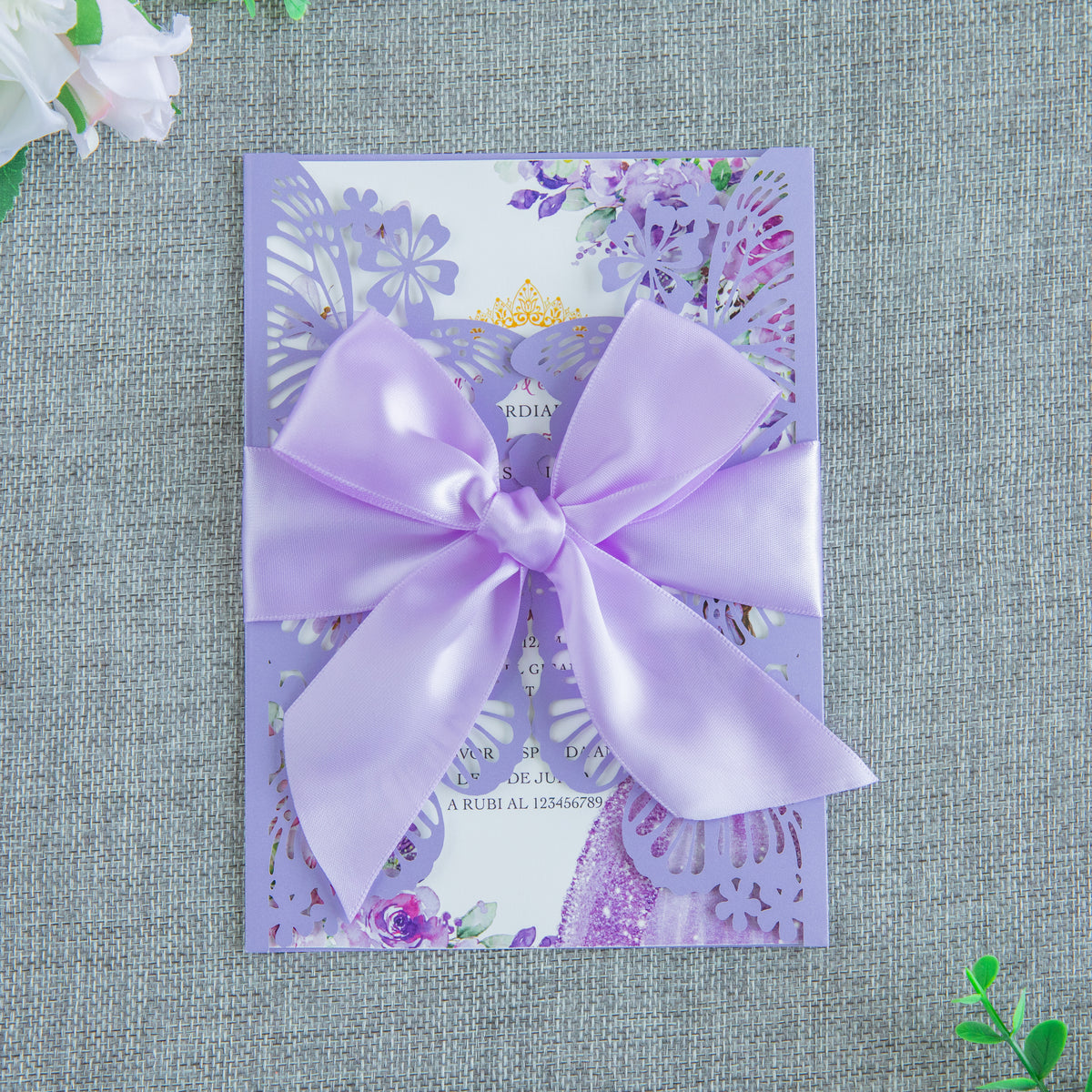 PONATIA Violet Butterfly Quinceanera Invitation, Laser Cut Wedding Invitation Cards with Envelopes