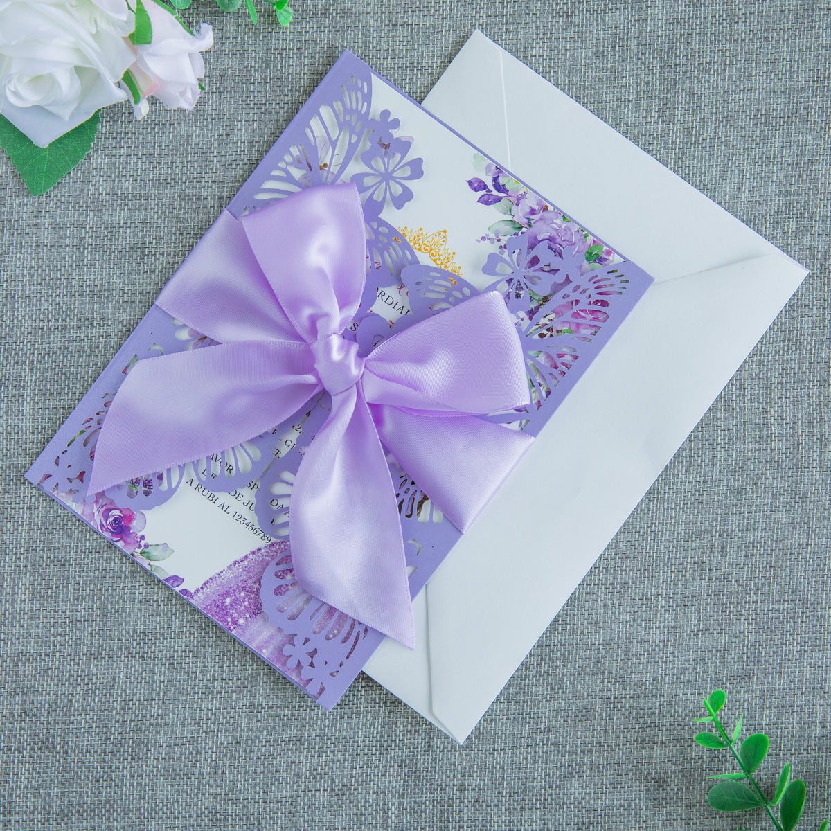 PONATIA Violet Butterfly Quinceanera Invitation, Laser Cut Wedding Invitation Cards with Envelopes