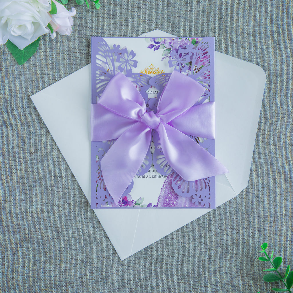 PONATIA Violet Butterfly Quinceanera Invitation, Laser Cut Wedding Invitation Cards with Envelopes