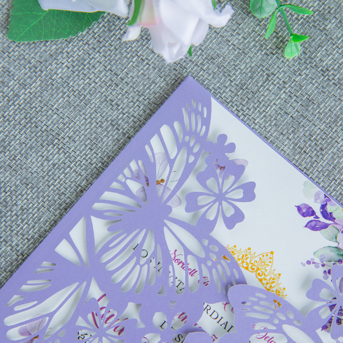 PONATIA Violet Butterfly Quinceanera Invitation, Laser Cut Wedding Invitation Cards with Envelopes