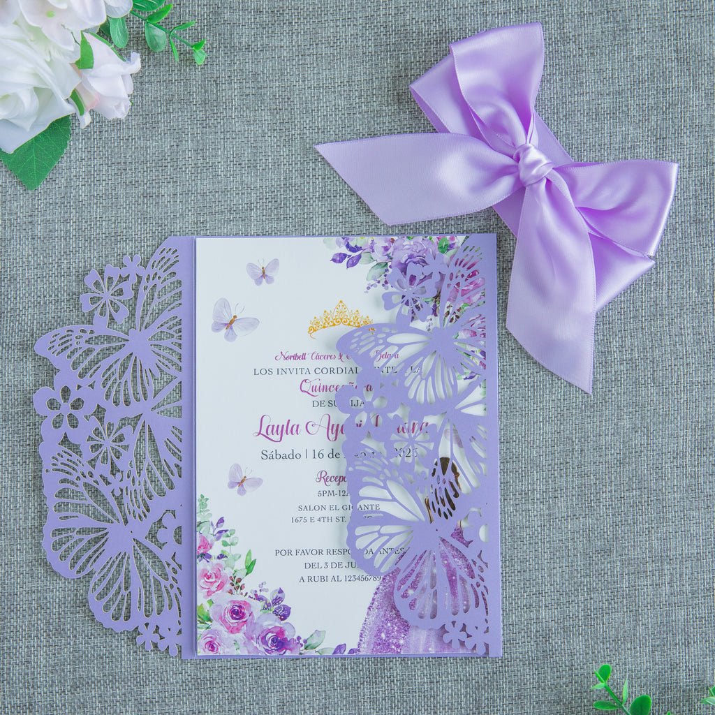 PONATIA Violet Butterfly Quinceanera Invitation, Laser Cut Wedding Invitation Cards with Envelopes