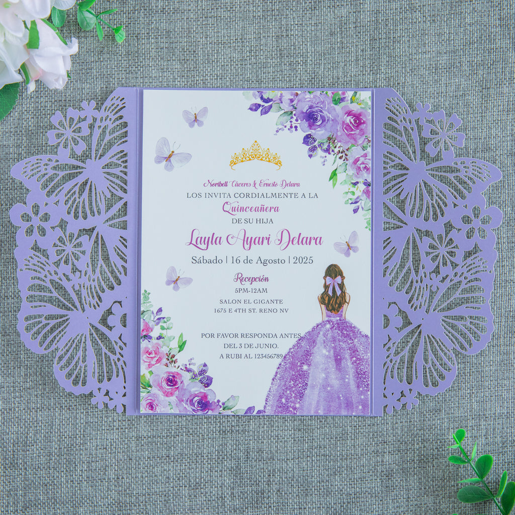 PONATIA Violet Butterfly Quinceanera Invitation, Laser Cut Wedding Invitation Cards with Envelopes
