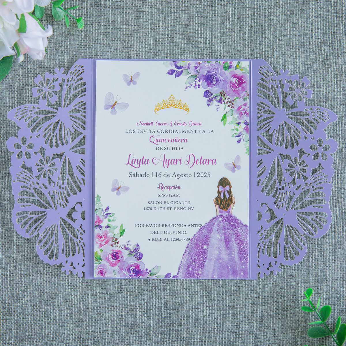 PONATIA Violet Butterfly Quinceanera Invitation, Laser Cut Wedding Invitation Cards with Envelopes
