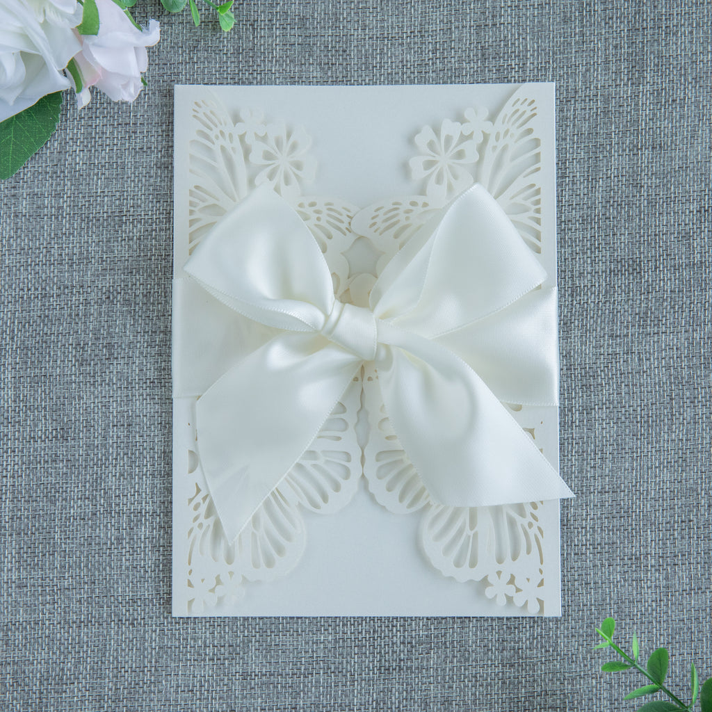 PONATIA Ivory Butterfly Quinceanera Invitation, Laser Cut Wedding Invitation Cards with Envelopes