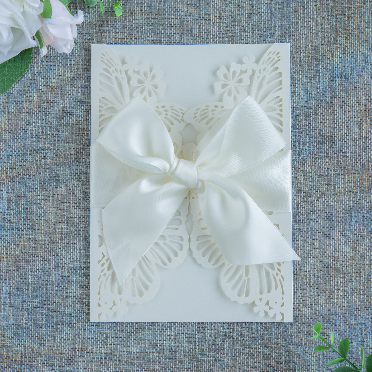 PONATIA Ivory Butterfly Quinceanera Invitation, Laser Cut Wedding Invitation Cards with Envelopes