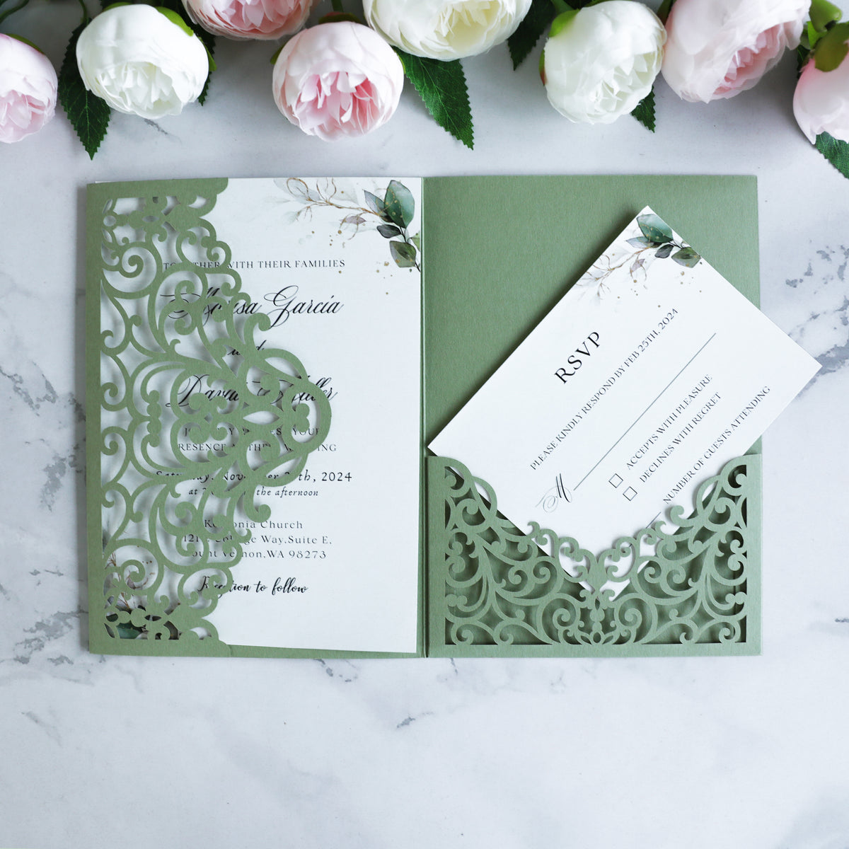 PONATIA  20PCS Sage Green Laser Cut Wedding Invitations Pockets