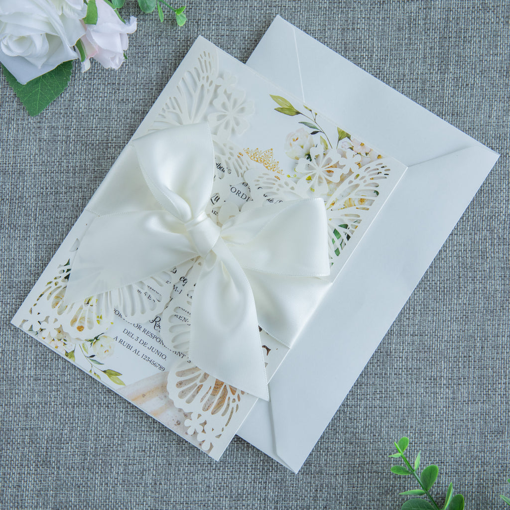PONATIA Ivory Butterfly Quinceanera Invitation, Laser Cut Wedding Invitation Cards with Envelopes