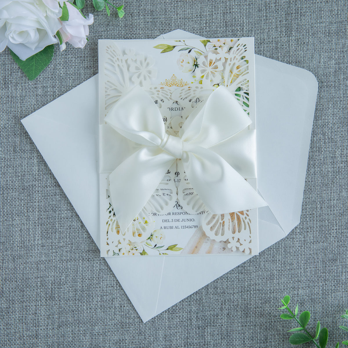 PONATIA Ivory Butterfly Quinceanera Invitation, Laser Cut Wedding Invitation Cards with Envelopes