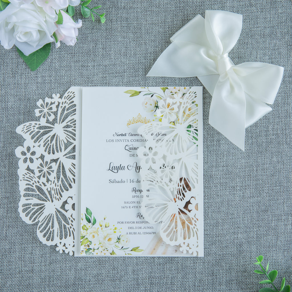 PONATIA Ivory Butterfly Quinceanera Invitation, Laser Cut Wedding Invitation Cards with Envelopes