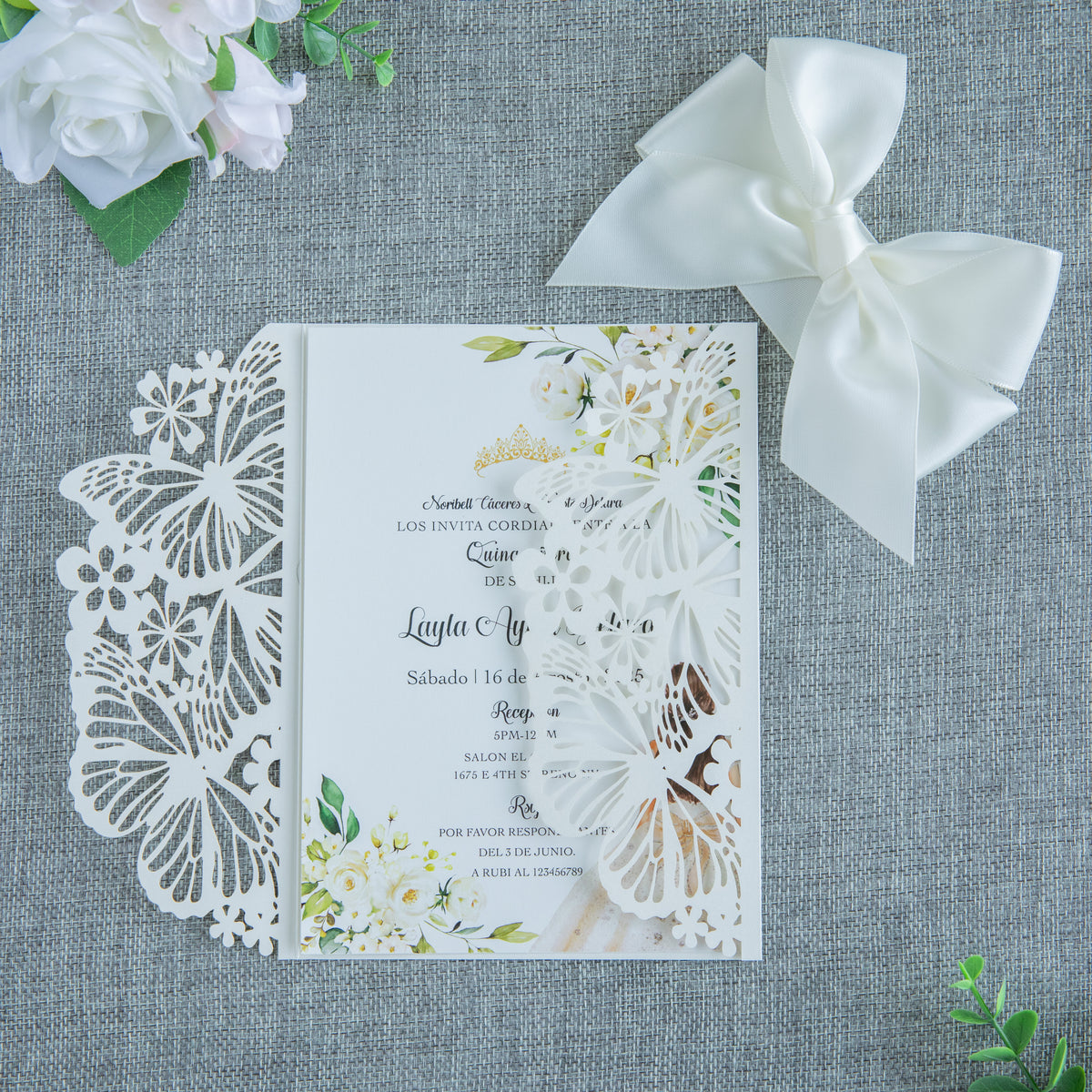 PONATIA Ivory Butterfly Quinceanera Invitation, Laser Cut Wedding Invitation Cards with Envelopes