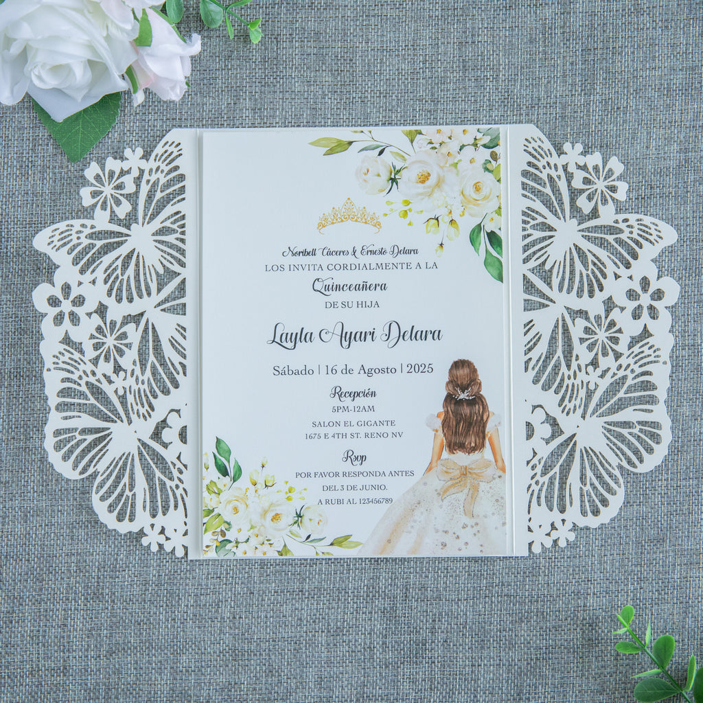 PONATIA Ivory Butterfly Quinceanera Invitation, Laser Cut Wedding Invitation Cards with Envelopes
