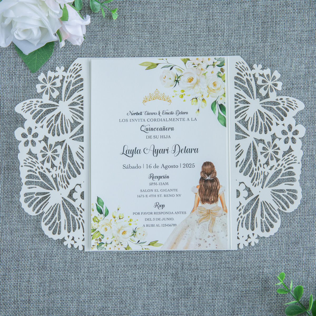 PONATIA Ivory Butterfly Quinceanera Invitation, Laser Cut Wedding Invitation Cards with Envelopes