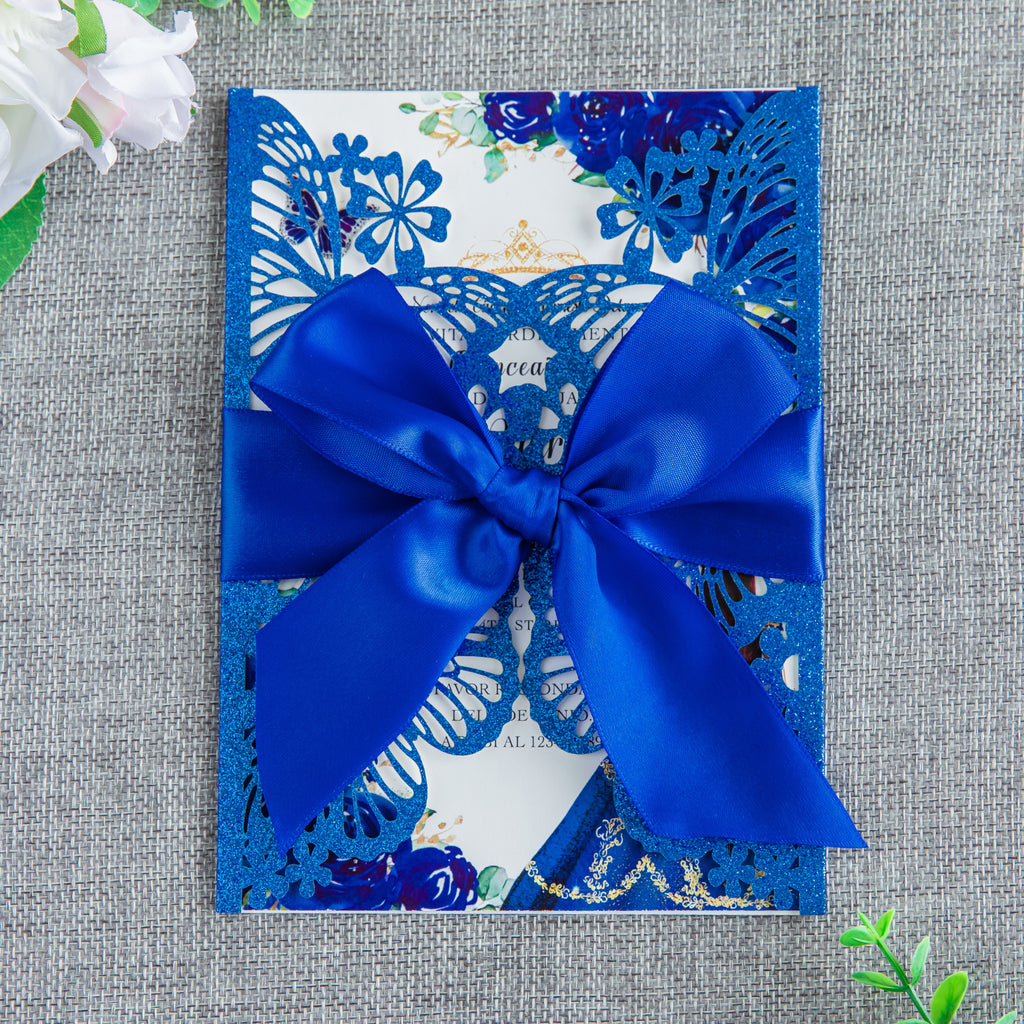 PONATIA Blue Glitter Butterfly Quinceanera Invitation, Laser Cut Wedding Invitation Cards with Envelopes