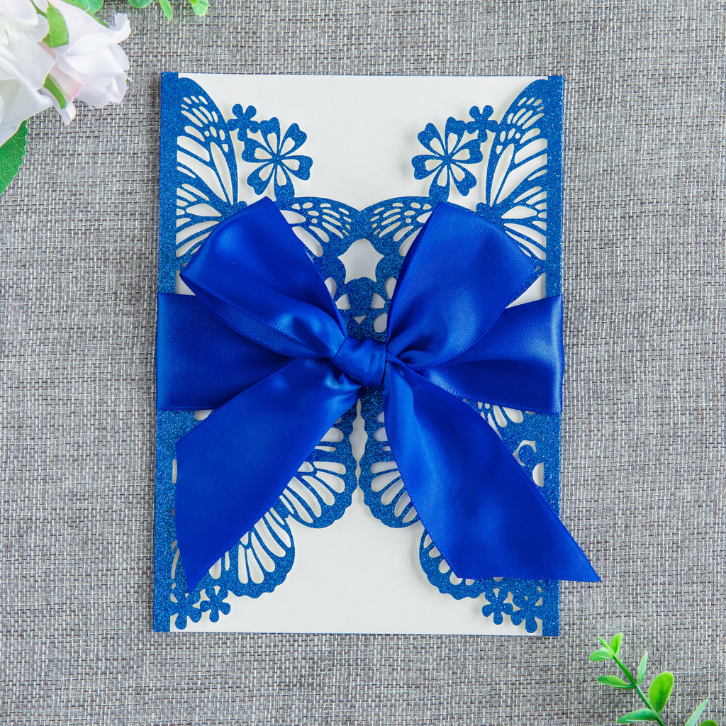 PONATIA Blue Glitter Butterfly Quinceanera Invitation, Laser Cut Wedding Invitation Cards with Envelopes