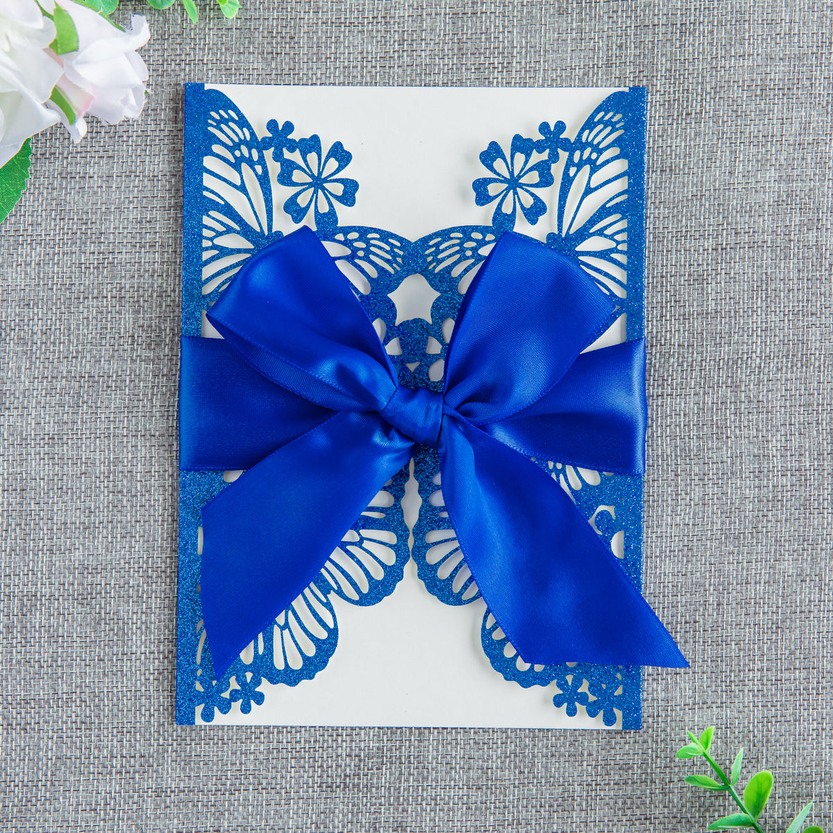 PONATIA Blue Glitter Butterfly Quinceanera Invitation, Laser Cut Wedding Invitation Cards with Envelopes