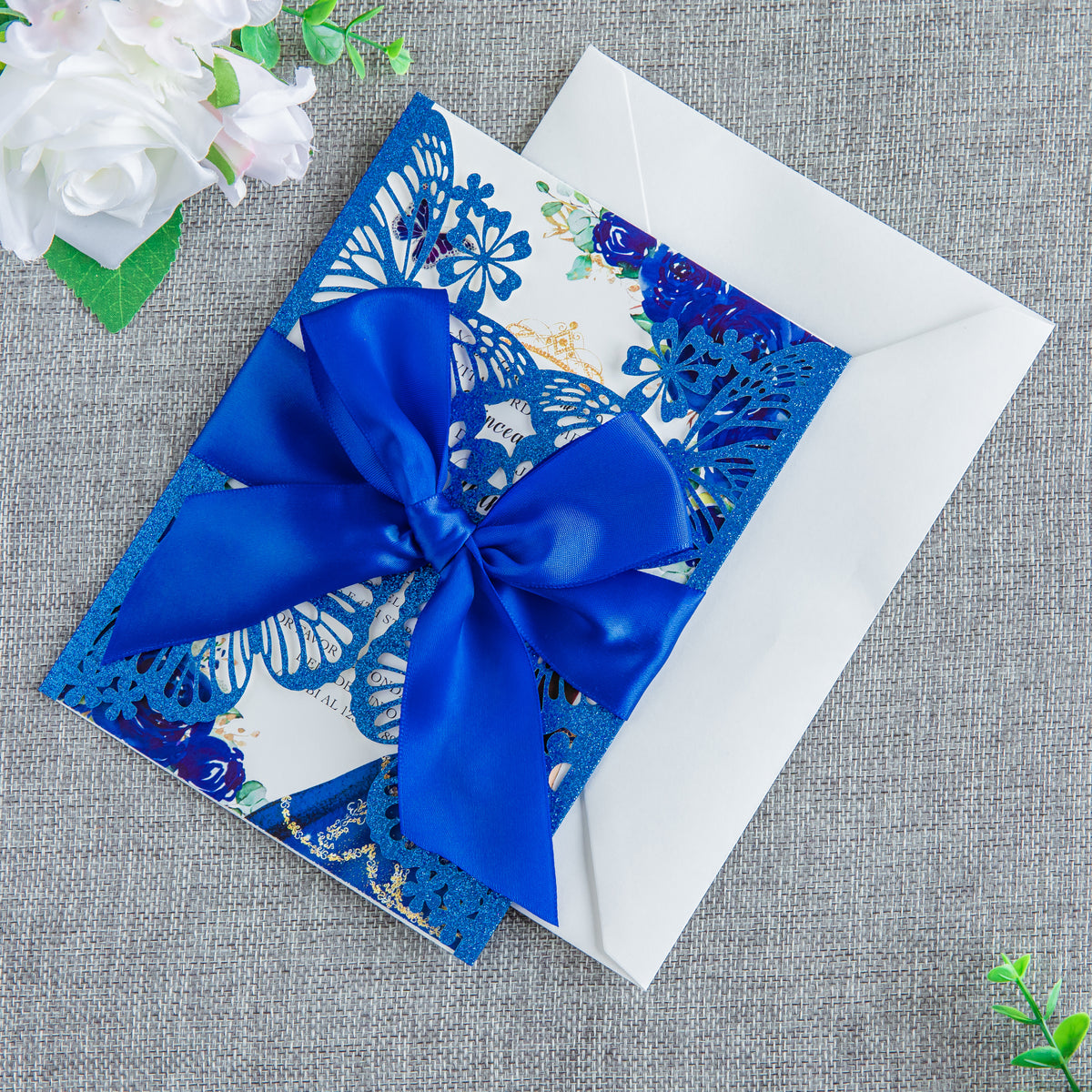PONATIA Blue Glitter Butterfly Quinceanera Invitation, Laser Cut Wedding Invitation Cards with Envelopes